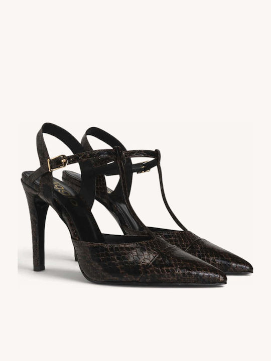Braune Pumps mit Schlangenmuster, T-Riemchen und Dünnem Absatz
