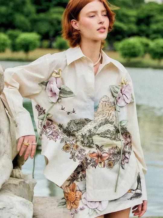 Long Sleeve Women's Cotton Shirt Off-White Floral