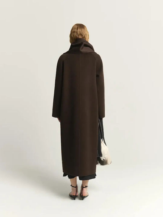 Wool Women's Coat Brown Oversized with Buttons