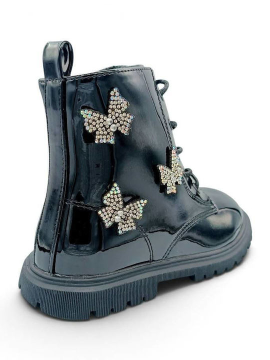 Kids Patent Leather Military Boots with Zipper Black