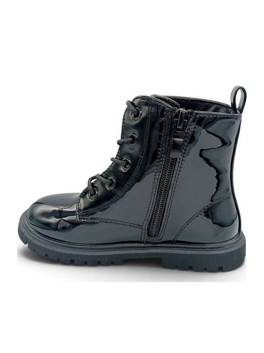 Kids Patent Leather Military Boots with Zipper Black