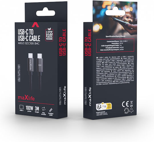 Maxlife Anker Kabel USB Typ-C Männlich - USB-C 100W Schwarz 3m