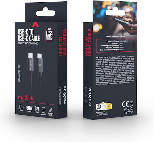 Maxlife USB-C-Kabel Stecker – USB-C 60 W Schwarz 3 m