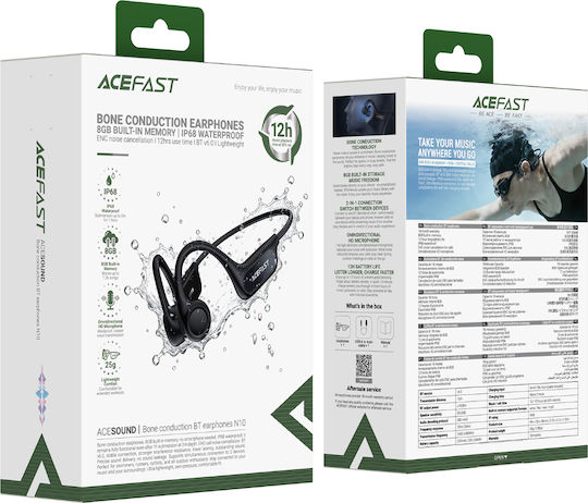 Acefast N10 Open Ear Bluetooth Handsfree Ακουστικά με Αντοχή στον Ιδρώτα Μαύρα