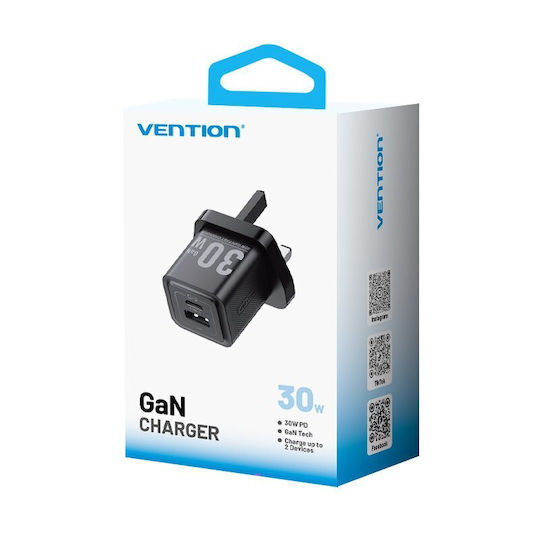 Vention Φορτιστής Χωρίς Καλώδιο GaN με Θύρα USB-A και Θύρα USB-C 30W Power Delivery / Quick Charge 3.0 Μαύρος (FEQB0-UKFEQB0-UK)