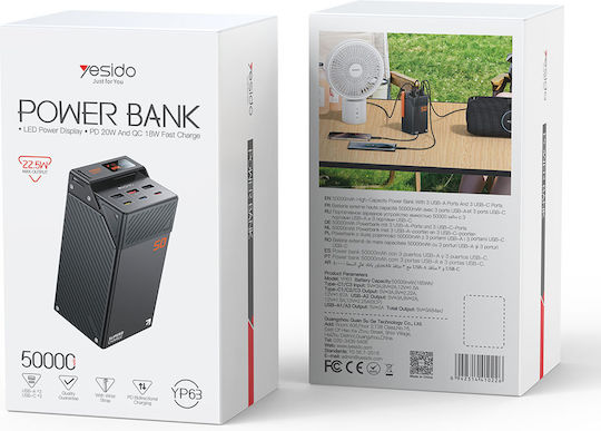 Yesido YP63 Външна батерия 50000mAh 22.5W с 3 USB-A порта и 3 USB-C порта Power Delivery / Quick Charge / PPS Черна
