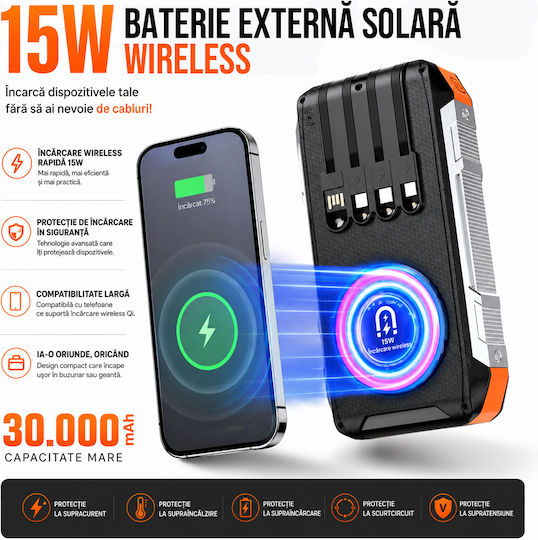 Linomag Ηλιακό Power Bank 30000mAh 22.5W με Θύρα USB-A και Θύρα USB-C Power Delivery Πορτοκαλί