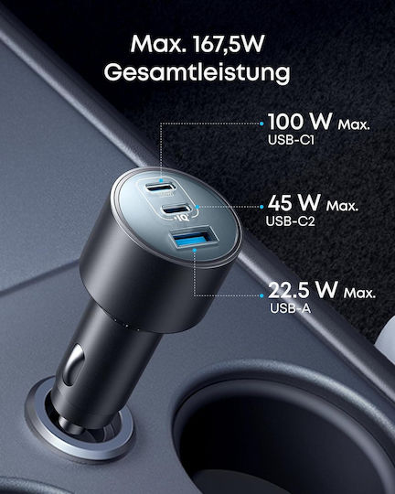 Anker 167.5W Car Charger with Ports: 1xUSB-A 2xType-C, Including Type-C Cable, Grey Colour