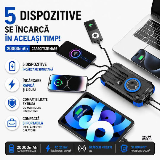 Linomag Ηλιακό Power Bank 20000mAh 22.5W με Θύρα USB-A και Θύρα USB-C Power Delivery Μπλε