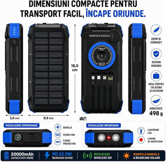 Linomag Ηλιακό Power Bank 20000mAh 22.5W με Θύρα USB-A και Θύρα USB-C Power Delivery Μπλε