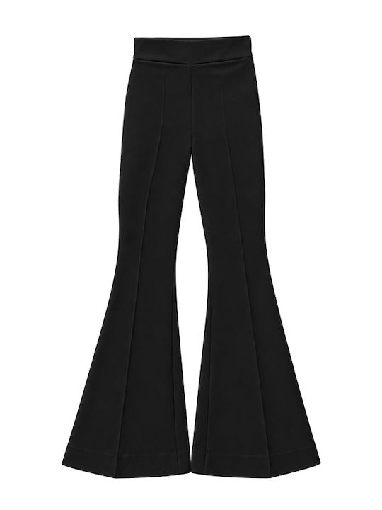Damen Stoffhose mit Hohem Bund und Ausgestelltem Bein Schwarz
