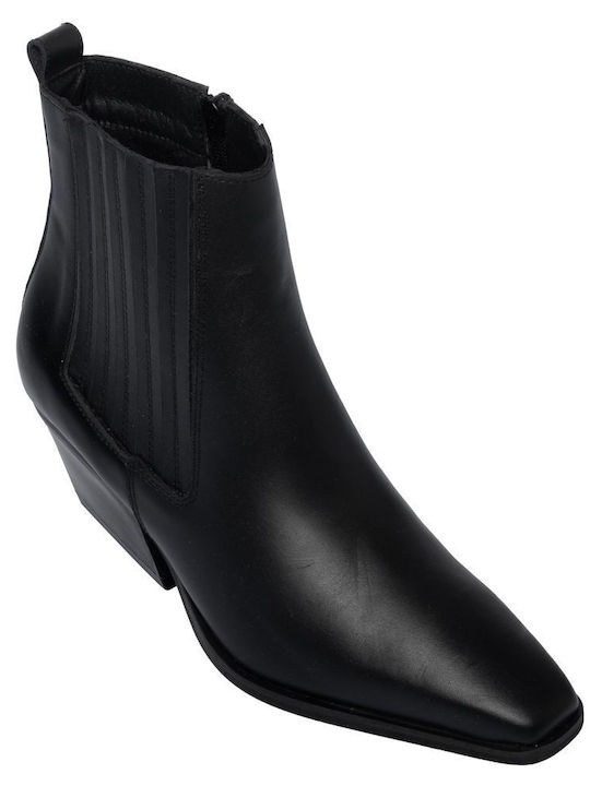 Leather Women's Cowboy Ankle Boots with Mid Heel Black