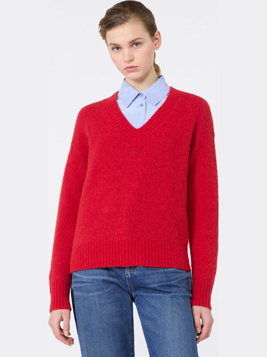 Women's Cotton Sweater with V-Neck Red