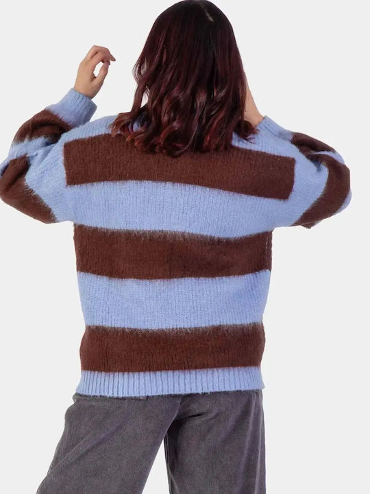 Gestreiftes Langärmeliges Damen-Polohemd Blue/Brown Stripe