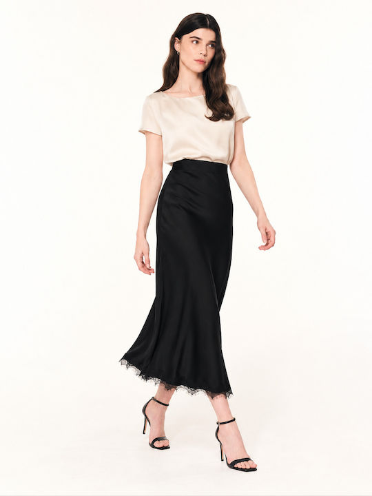 Schwarzer Satin Midirock in A-Linie mit hoher Taille