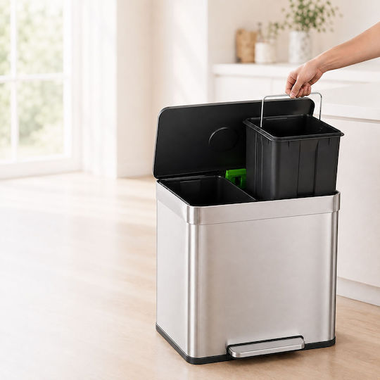 Relaxdays Coș de Reciclare din Oțel Inoxidabil cu Pedală 30 l Gri