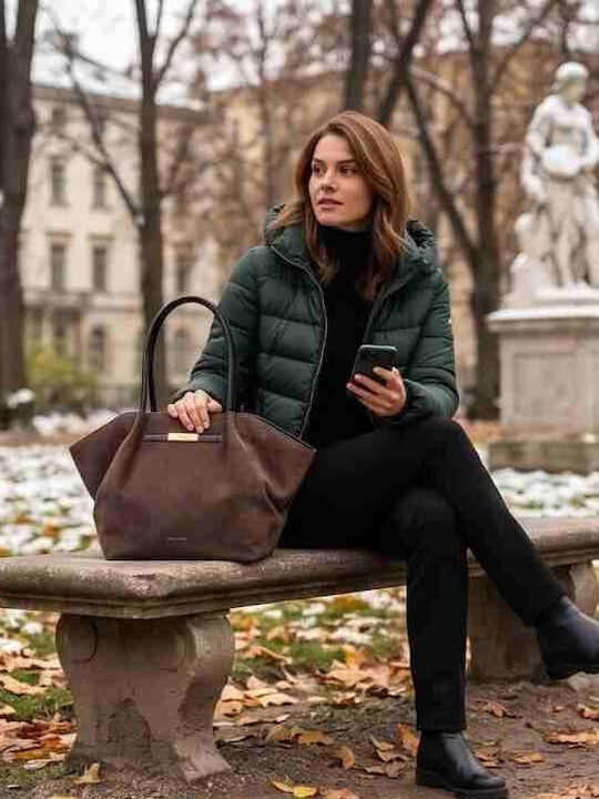 Комплект Плетена Дамска Чанта За Ръка / Рамо Велур Кафява