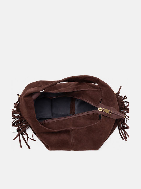 Dark Brown Fabric Women's Shoulder Bag in Suede with Fringes