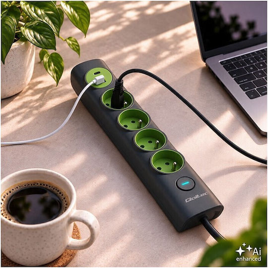 Qoltec Πολύπριζο Aσφαλείας με USB-A, 1 USB-C και Διακόπτη Πράσινο