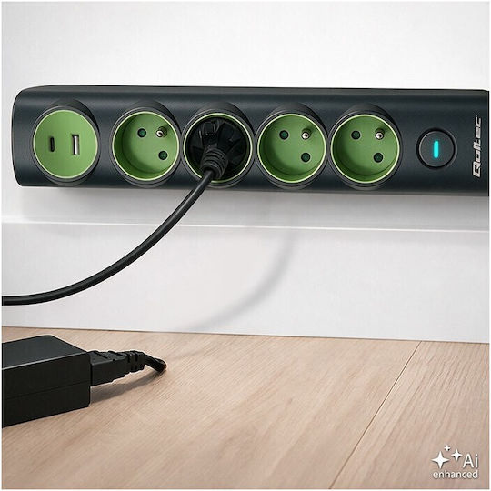 Qoltec Πολύπριζο Aσφαλείας με USB-A, 1 USB-C και Διακόπτη Πράσινο