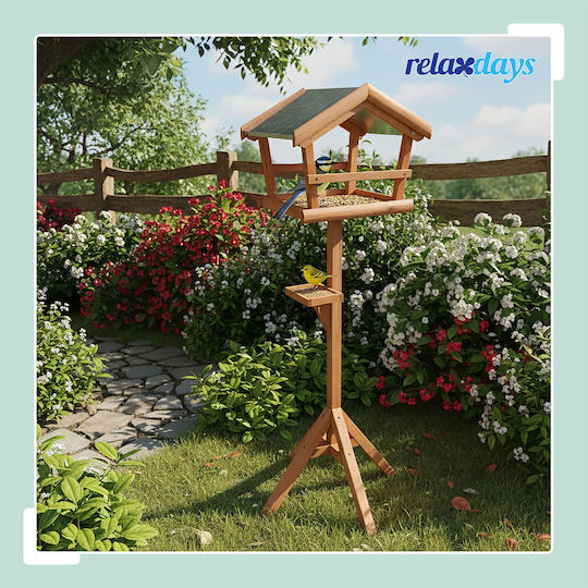 Hrănitoare pentru Păsări Relaxdays 10052238_57 cu Suport din Lemn de Brad, Acoperiș din Metal Rezistent la Intemperii, Culoare Naturală, 121 X 36 X 30 Cm