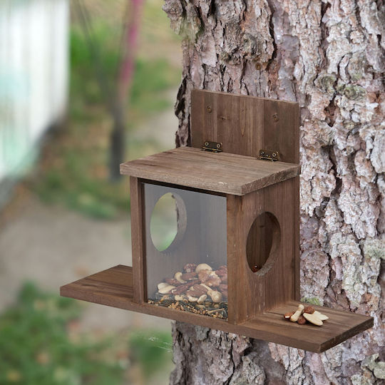 Relaxdays 10047752 Hrănitoare Pentru Veverițe Din Lemn De Pin, Cu 2 Intrări, Acoperiș Rabatabil, Fereastră Din Plastic, Maro, 24 X 35 X 13 Cm