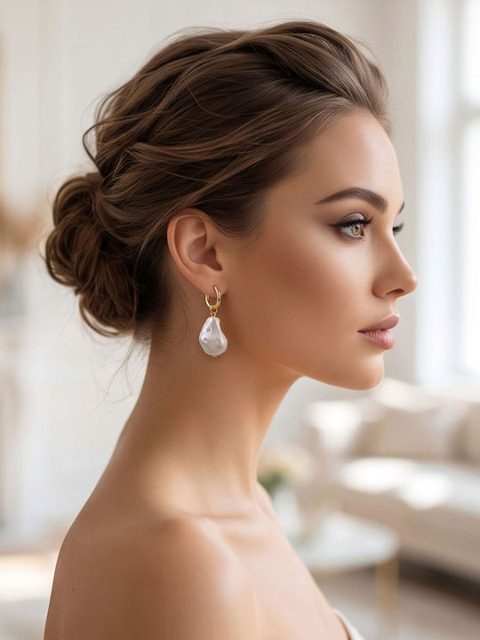 Gold White Pearl Earrings Stainless Steel 40-14