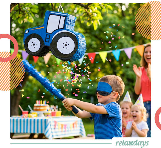 Relaxdays Tractor Piñata Set Mask Stick White Blue Black