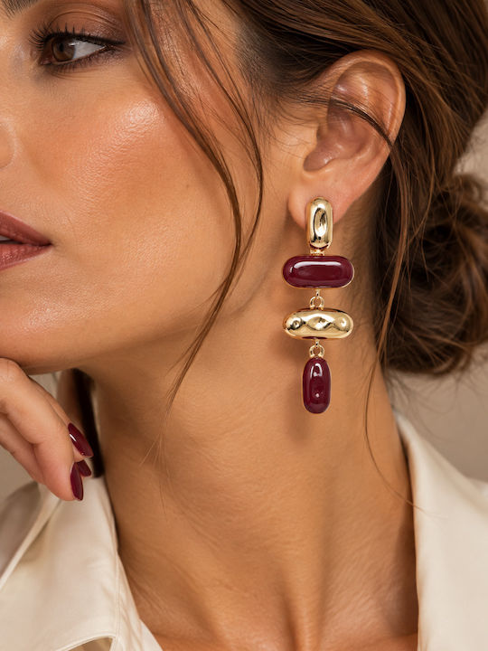 Boho Chic Burgundy Enamel Gold Dangle Earrings