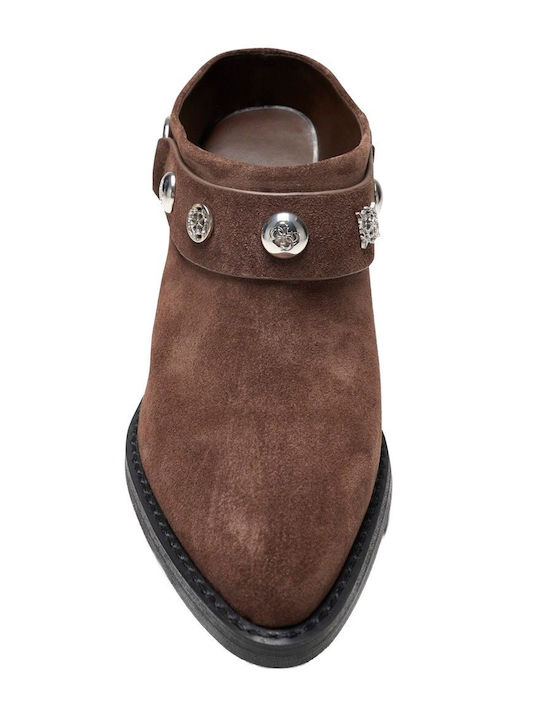 Suede Mules with Low Heel in Brown