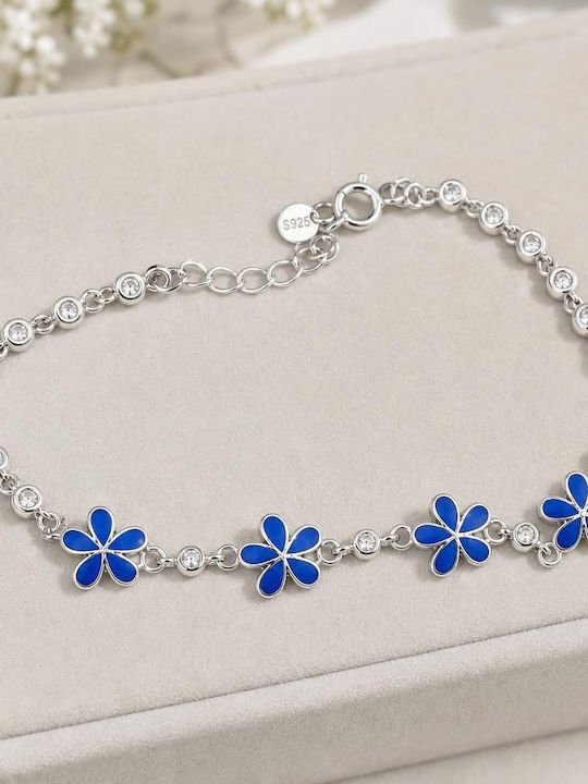 Brățară Pentru Femei Și Copii Din Argint 925 Jolie Cu Model De Floare Din Argint, Email Albastru, Pietre De Zircon, Lungime 21 Cm, 4,6 G, Culoare Argintie