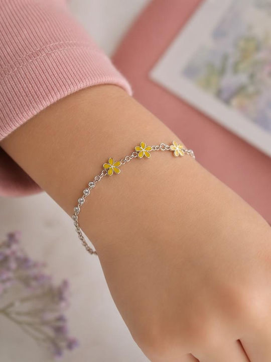 Brățară pentru Copii Din Argint 925 Jolie Model Cu Floare Din Email Galben și Pietre de Zircon Lungime 21 Cm 4,6 G Argint