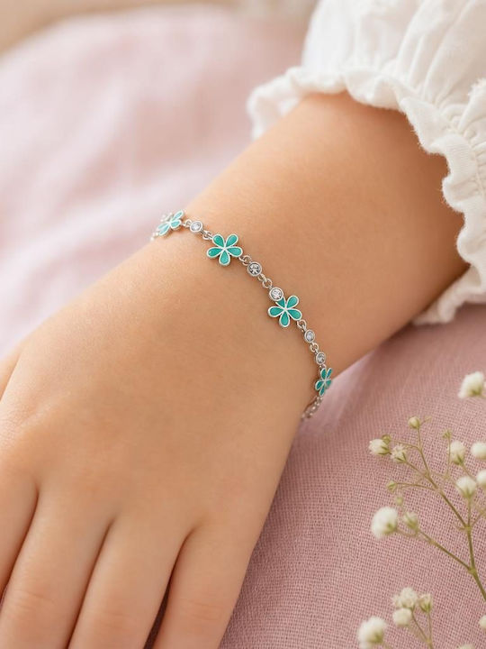 Brățară Pentru Copii Din Argint 925 Jolie Model Floare Argintie Cu Email Verde Deschis și Pietre De Zircon Lungime 21 Cm 4,5 G Argint