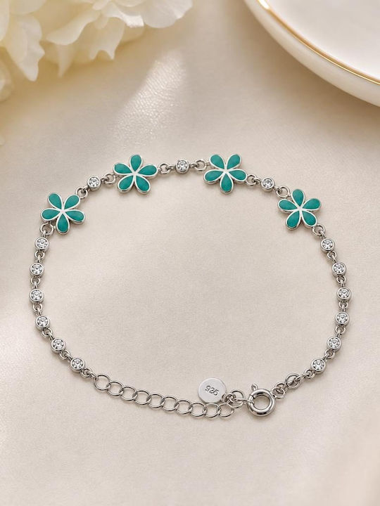 Brățară Pentru Copii Din Argint 925 Jolie Model Floare Argintie Cu Email Verde Deschis și Pietre De Zircon Lungime 21 Cm 4,5 G Argint