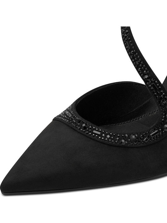 Black Leather Pointed-Toe Pumps with Strap & Thin Mid Heel