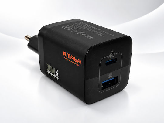 Amaya Зарядно устройство с USB-A порт и USB-C порт и USB-C кабел 30 W Черен (ACW-E81S)