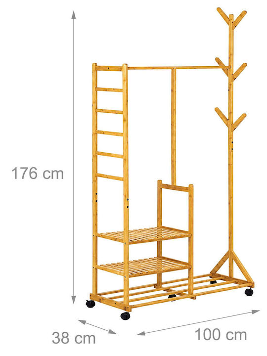 Relaxdays Τροχήλατη Κρεμάστρα Δαπέδου από Bamboo Μπεζ 100x38x176cm