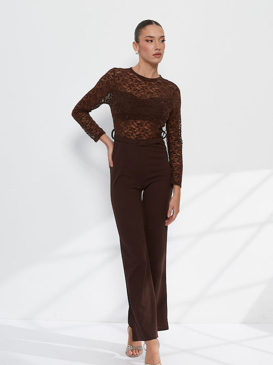 Women's Long-Sleeve Brown Jumpsuit