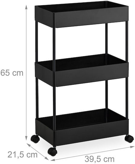 Relaxdays Cărucior de Bucătărie din Plastic cu 3 Rafturi Negru 39.5x21.5x65cm