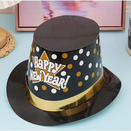 Pălărie Stil Lincoln Flippy Happy New Year Cu Buline, Accesoriu Pentru Petrecerea de Anul Nou, Mărime Universală, Carton, Negru și Auriu