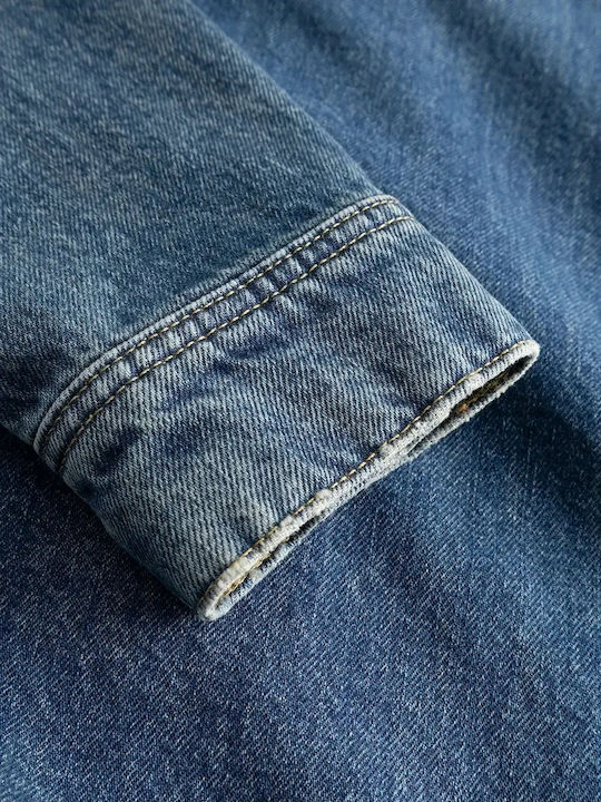 Μακρυμάνικo Τζιν Overshirt σε Κανονική Γραμμή Dark Blue Denim