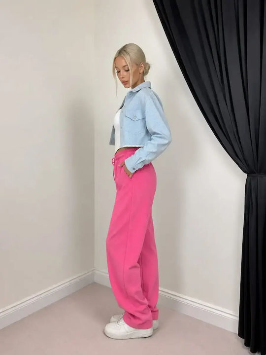 Damenhose mit hohem Bund aus Rippstoff mit Gummizug in lockerer Passform Rosa