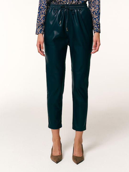 Forel Women's Blue Leather Trousers with Elastic Waist