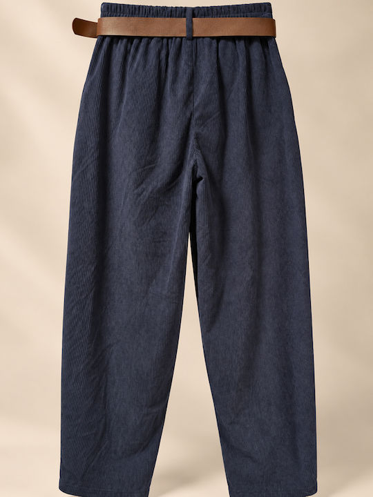 Women's High-Waisted Blue Corduroy Trousers with Elastic Waist and Slim Fit