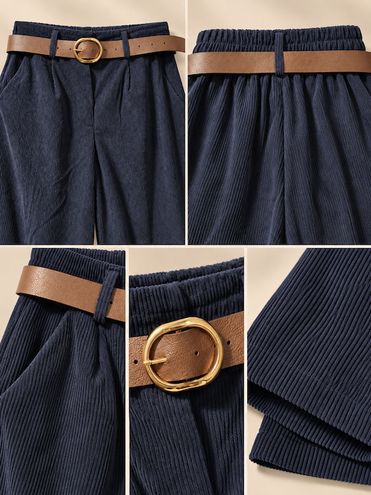 Women's High-Waisted Blue Corduroy Trousers with Elastic Waist and Slim Fit