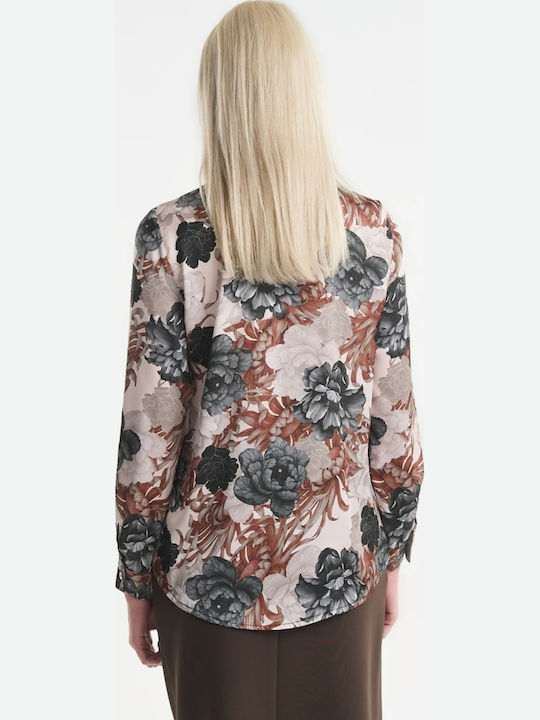 Cămașă de Damă din Satin cu Mânecă Lungă Gri Floral