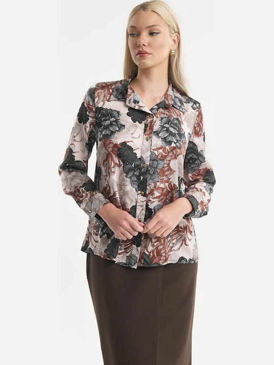 Cămașă de Damă din Satin cu Mânecă Lungă Gri Floral