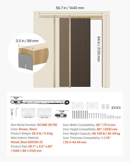 Vevor Sliding Door Mechanism 142.24cm Brown