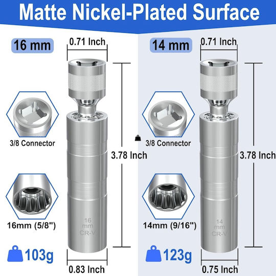 Set Chei Magnetice pentru Bujii 14 Mm 16 Mm 9/16" 5/8" Cu Articulație Cardanică Rotativă la 360° Tubulare cu Pereți Subțiri din Oțel Crom-Vanadiu cu Profil cu 12 Colțuri Compatibile cu Bmw Mini Nissan Antrenare 3/8 Inch
