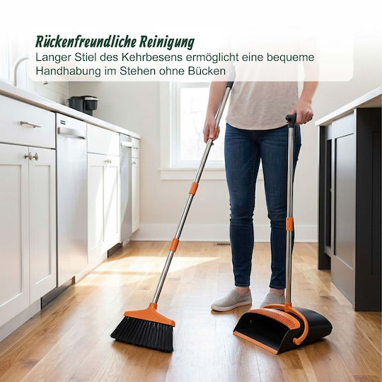 Relaxdays Broom Dustpan Set 10053707 Adjustable Modular Handle 124 Cm Plastic Stainless Steel Integrated Cleaning Brush Black Orange